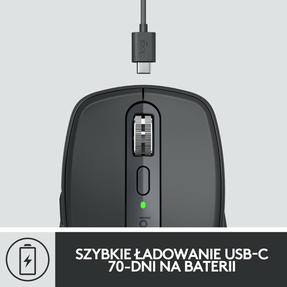 Szara mysz ładująca się kablem USB-C, z tekstem poniżej.