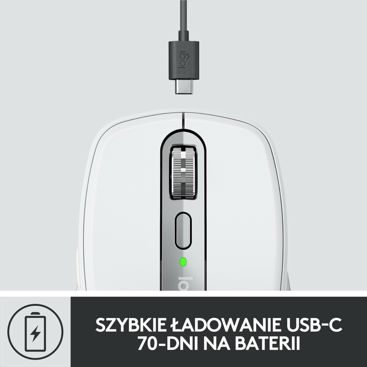 Biała mysz z kablem ładującym USB-C, z tekstem o szybkim ładowaniu.
