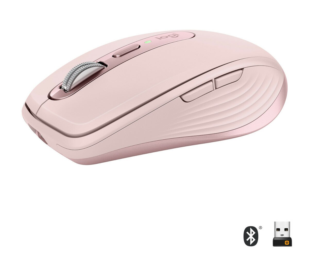 Różowa mysz bezprzewodowa z kółkiem przewijania i dwoma przyciskami, białe tło.