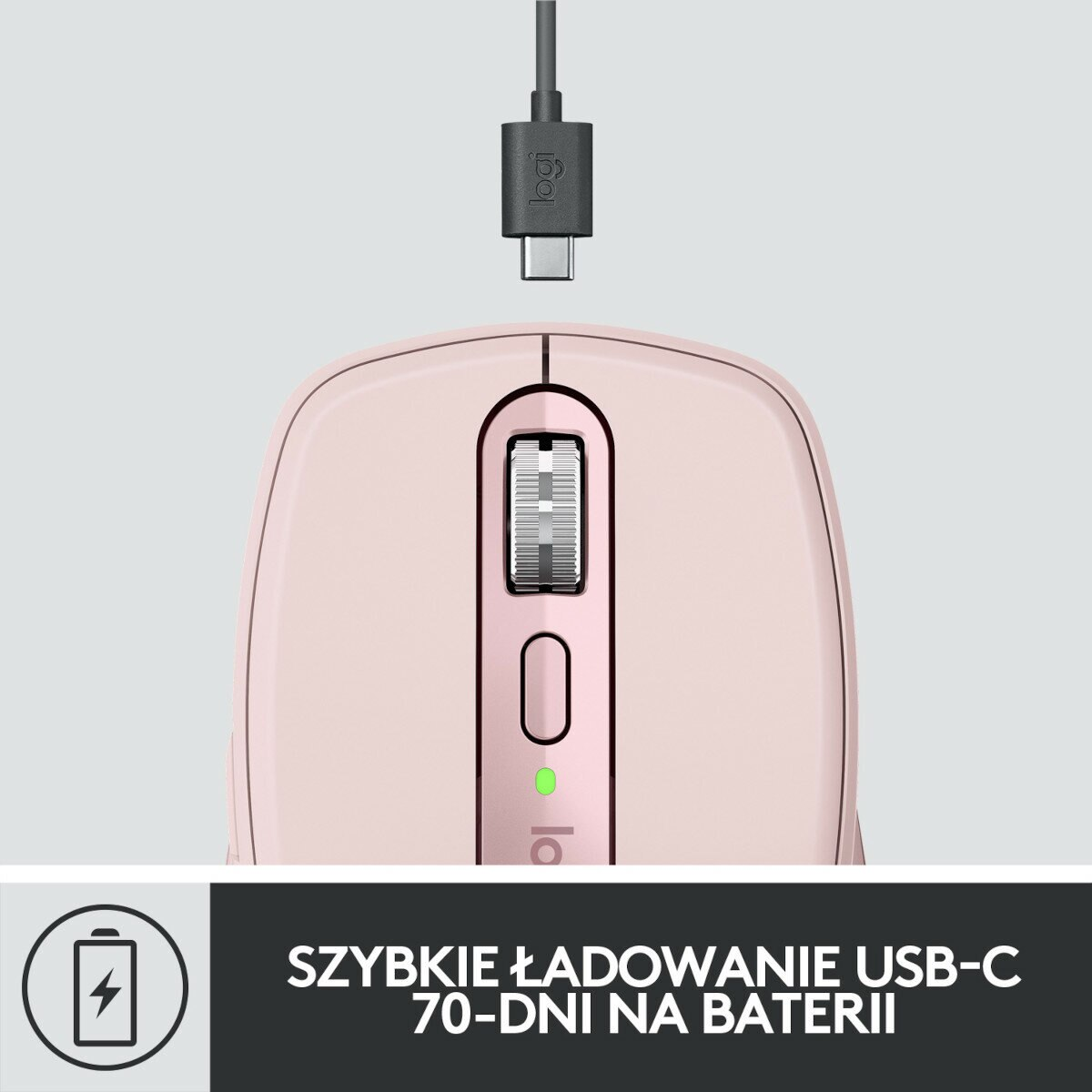 Różowa mysz bezprzewodowa z kablem ładującym i tekstem wskazującym szybkie ładowanie USB-C i długą żywotność baterii.