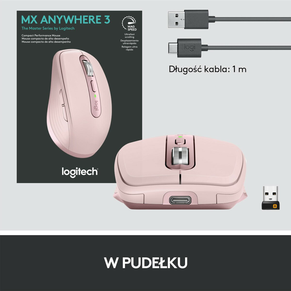 Różowa mysz Logitech MX Anywhere 3, opakowanie i kable do ładowania.