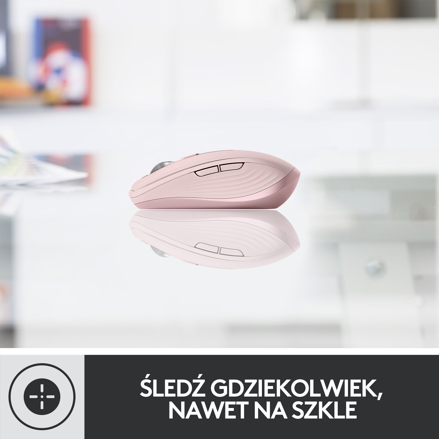 Różowa mysz Logitech na odblaskowej szklanej powierzchni z tekstem.