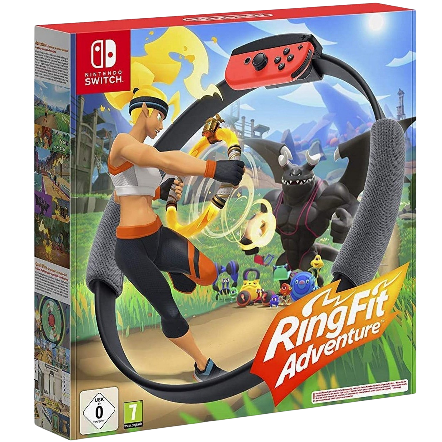 Ring Fit Adventure-gamebox met een vrouw die oefent met een ring en een monster.