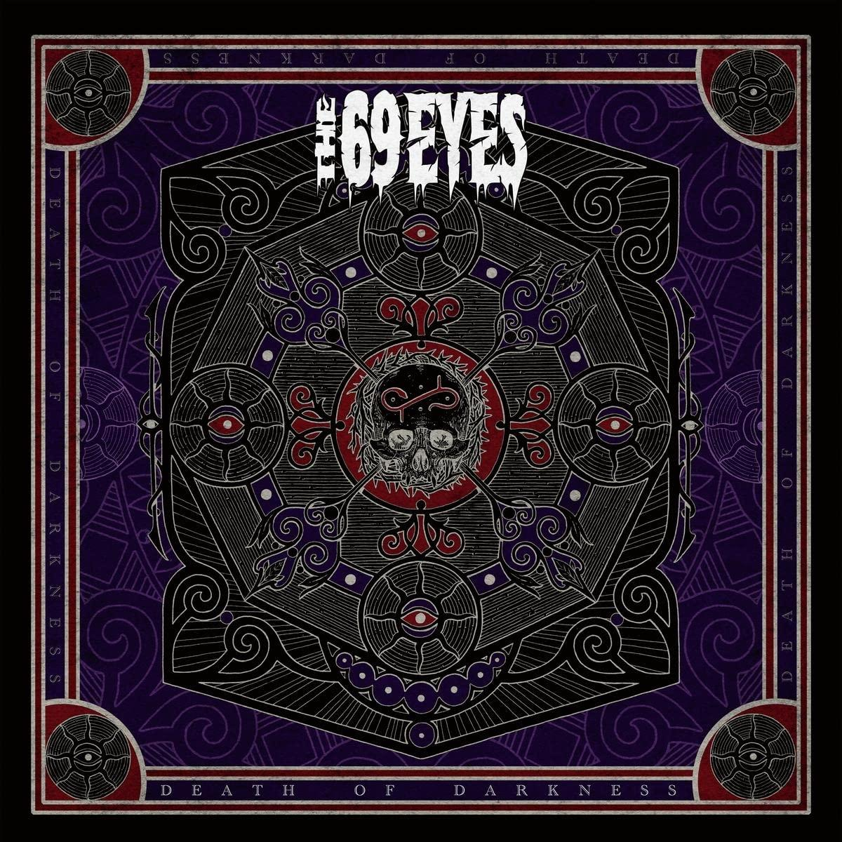 Albumcover: Verziertes, symmetrisches Design mit Totenkopf und Augen. Lila Hintergrund, Text '69 EYES'.