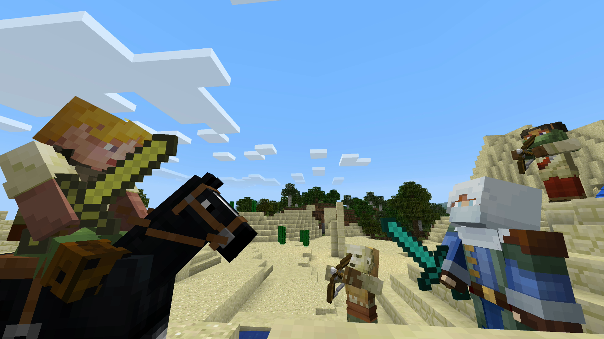 Minecraft-scène. Spelers te paard en te voet in een woestijn. Kerk op de achtergrond.