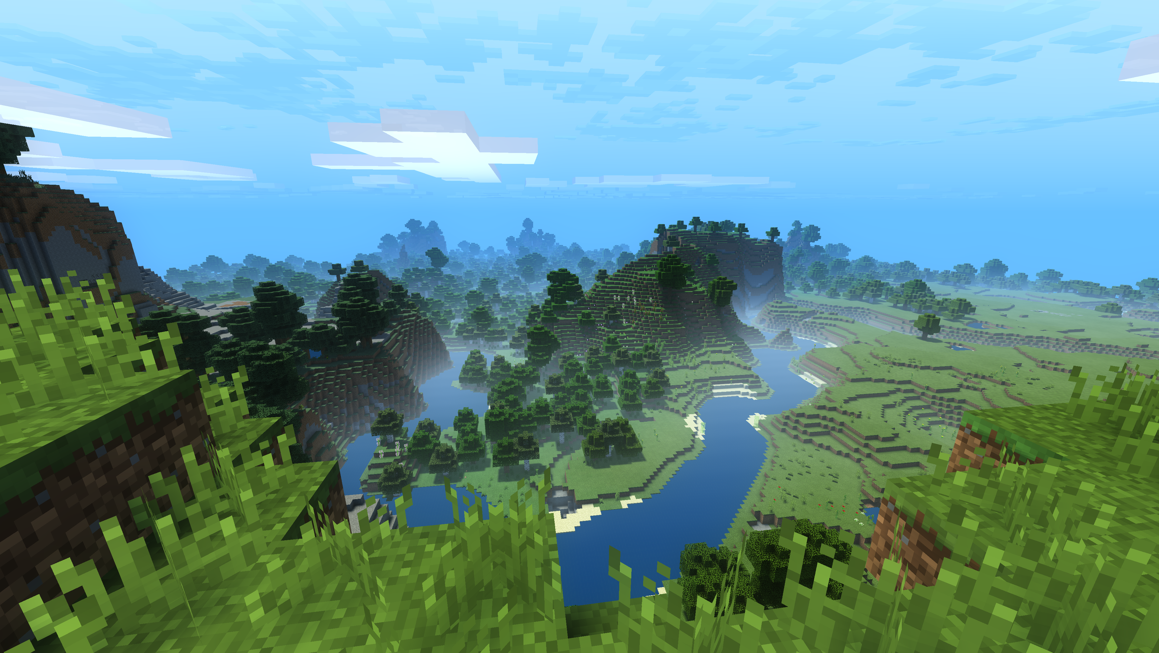 Een Minecraft-achtige landschap met water, bomen, heuvels en een heldere blauwe lucht.