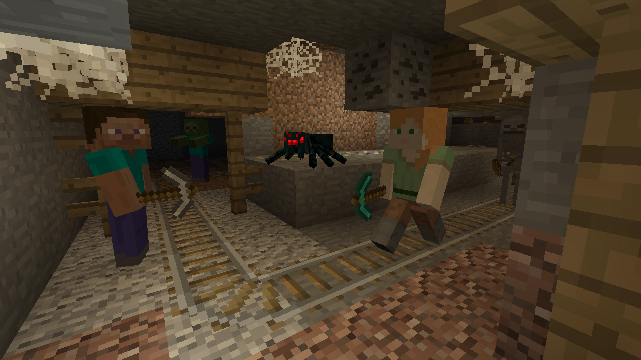 Minecraft-scène in een grot met personages, een spin en rails.