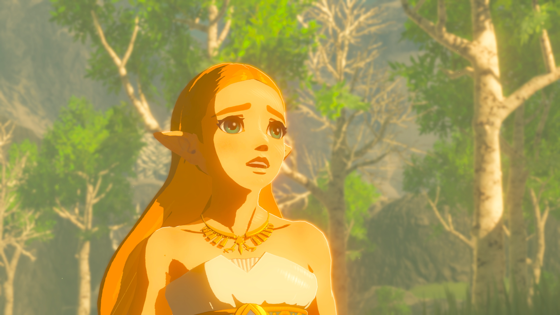 Zelda uit een videogame, kijkt bezorgd omhoog, bos achtergrond.