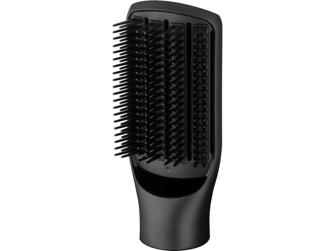 Un accesorio negro para secador de pelo con cerdas tipo peine, diseñado para peinar el cabello.