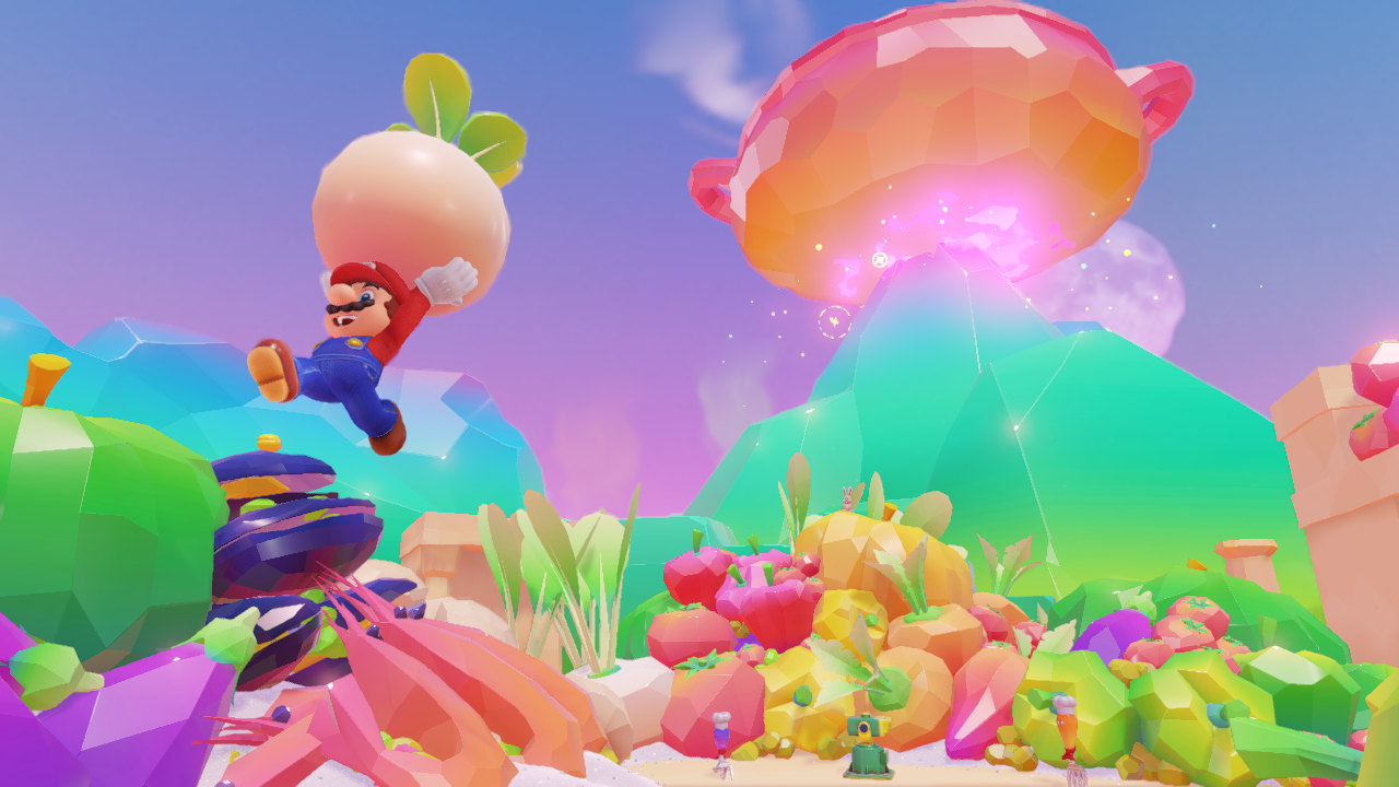 Mario jumps towards a floating turnip in a colorful, polygonal landscape.