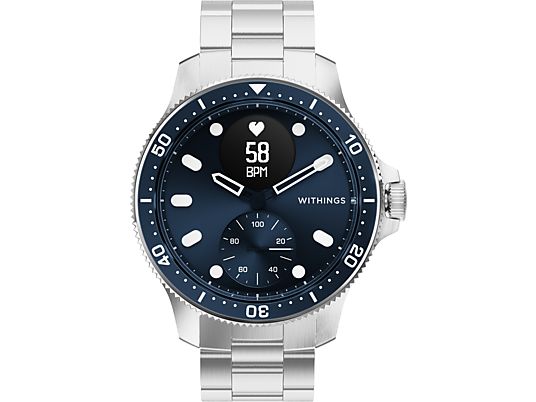WITHINGS ScanWatch Horizon - Hybrid Smartwatch (140 - 220 mm / 165 - 240 mm, Métal / fluoroélastomère, Bleu/argent)