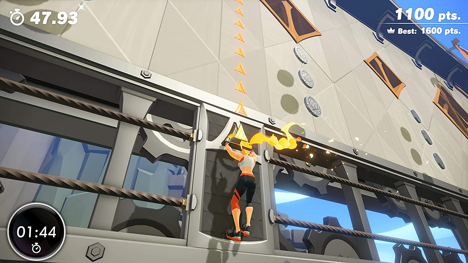 Een videogame scène met een personage dat een muur beklimt met gouden munten.