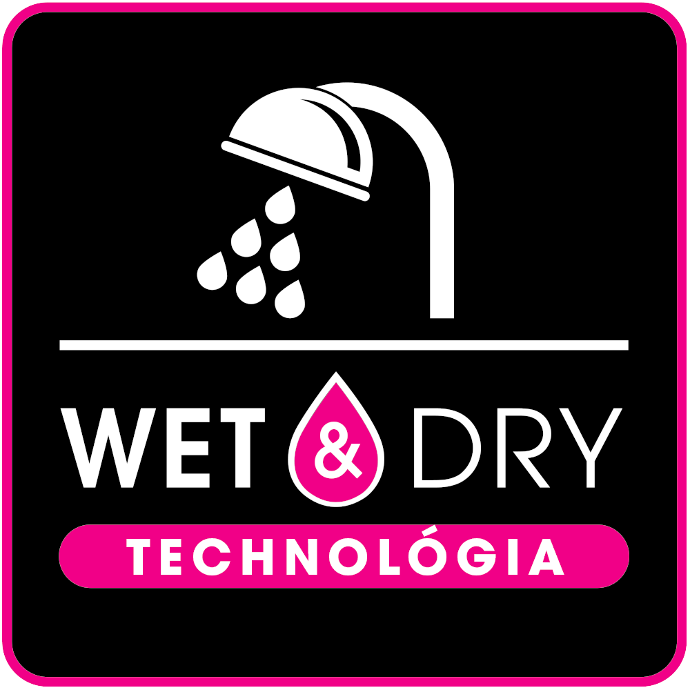 Egy fekete-rózsaszín logó: Egy zuhanyfej vízcseppekkel és "WET & DRY TECHNOLÓGIA" szöveggel.
