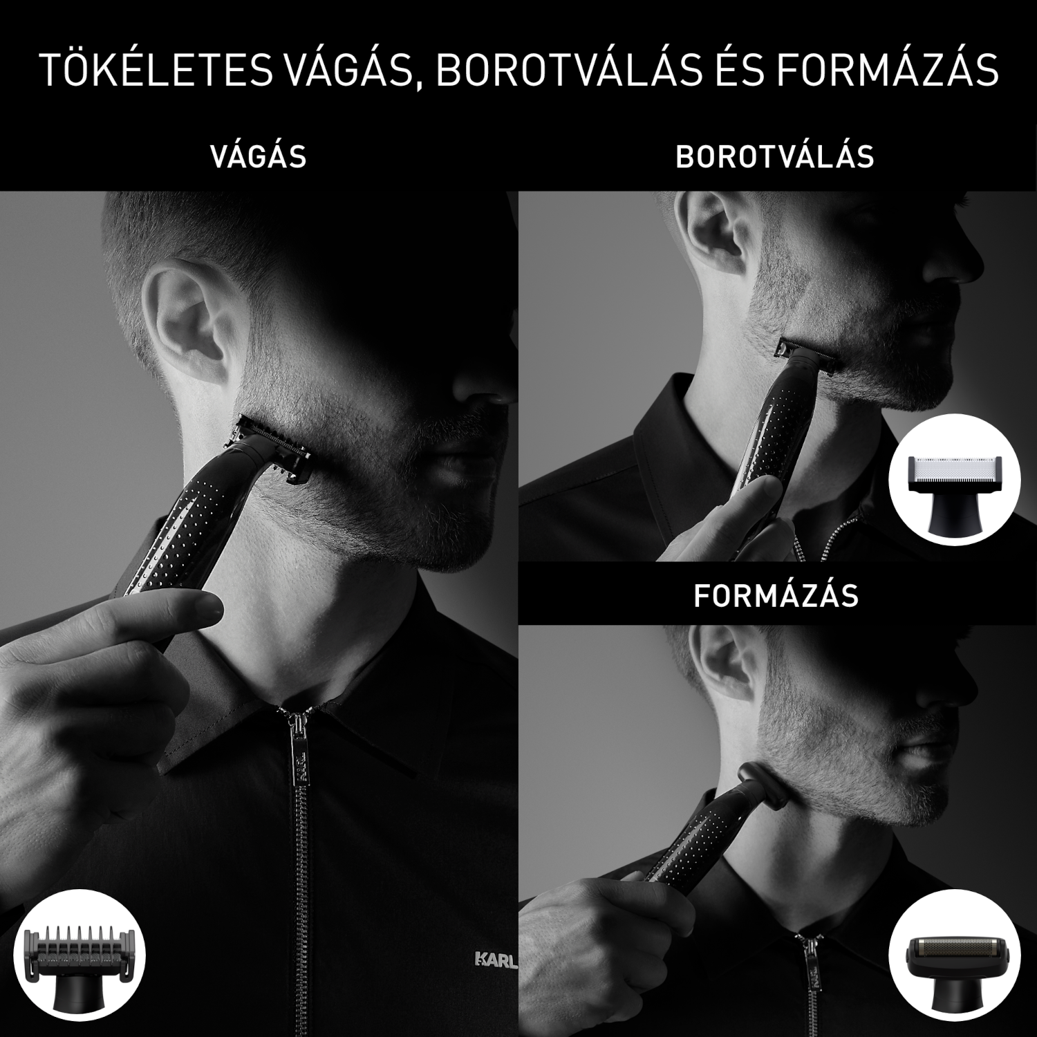 Férfi szakállát vágja trimmelővel. Különböző tartozékok láthatók. Szöveg: Tökéletes vágás, borotválás és formázás.