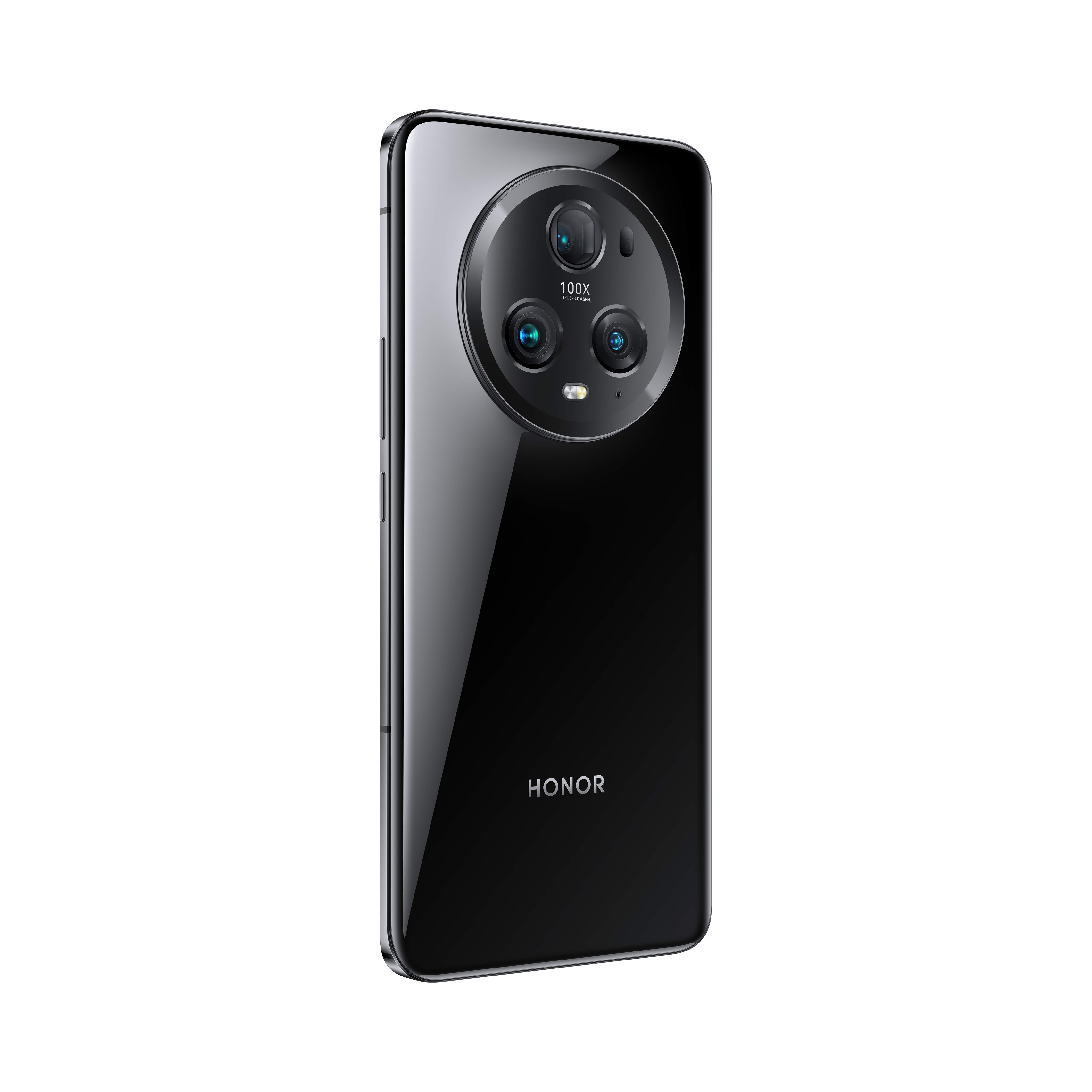Un teléfono inteligente negro con tres lentes de cámara en la parte trasera, fondo negro.