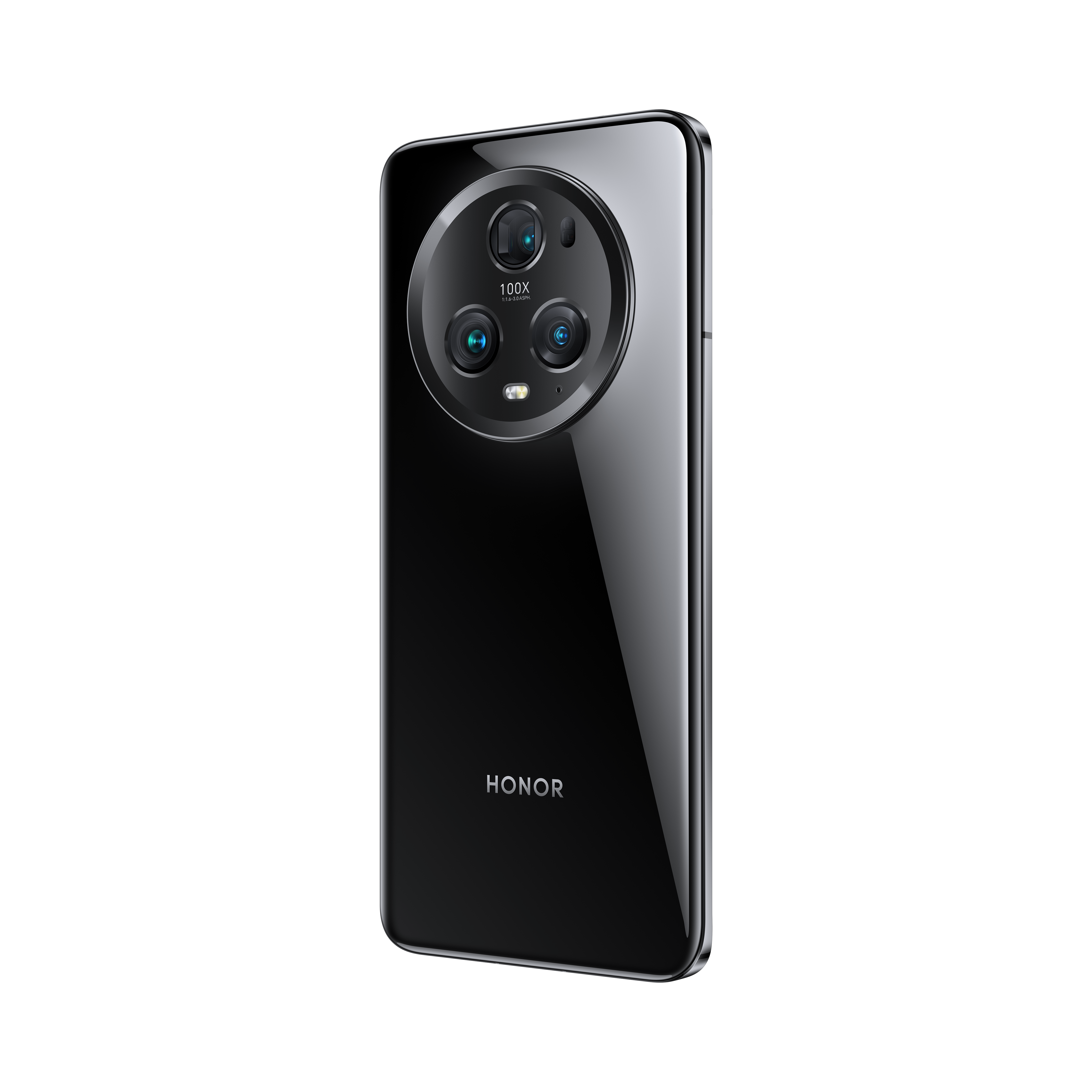 Vista trasera de un smartphone HONOR negro con una gran matriz de cámaras y el logo HONOR.