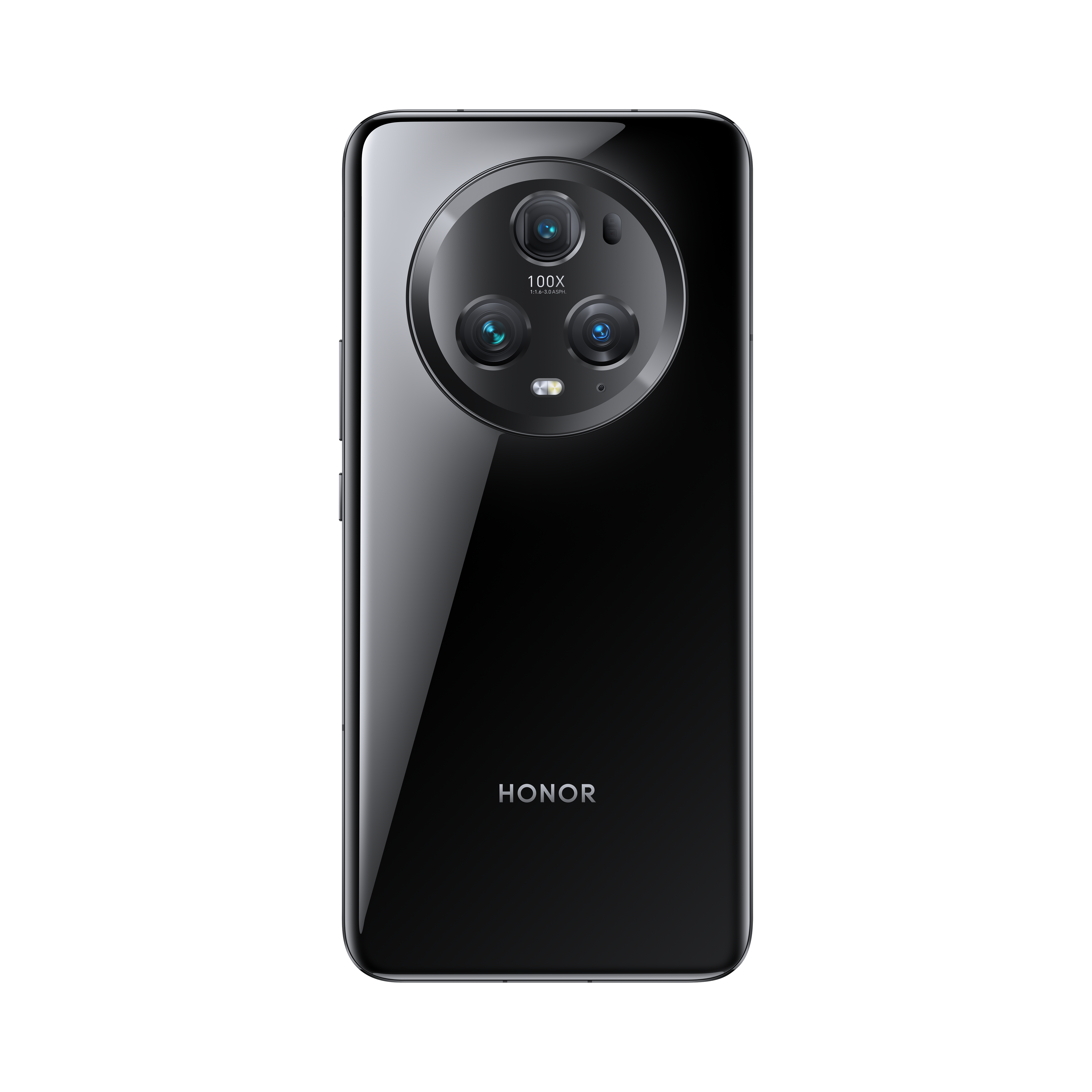 Teléfono HONOR negro con configuración de triple cámara, vista trasera, con texto 'HONOR' sobre fondo negro.
