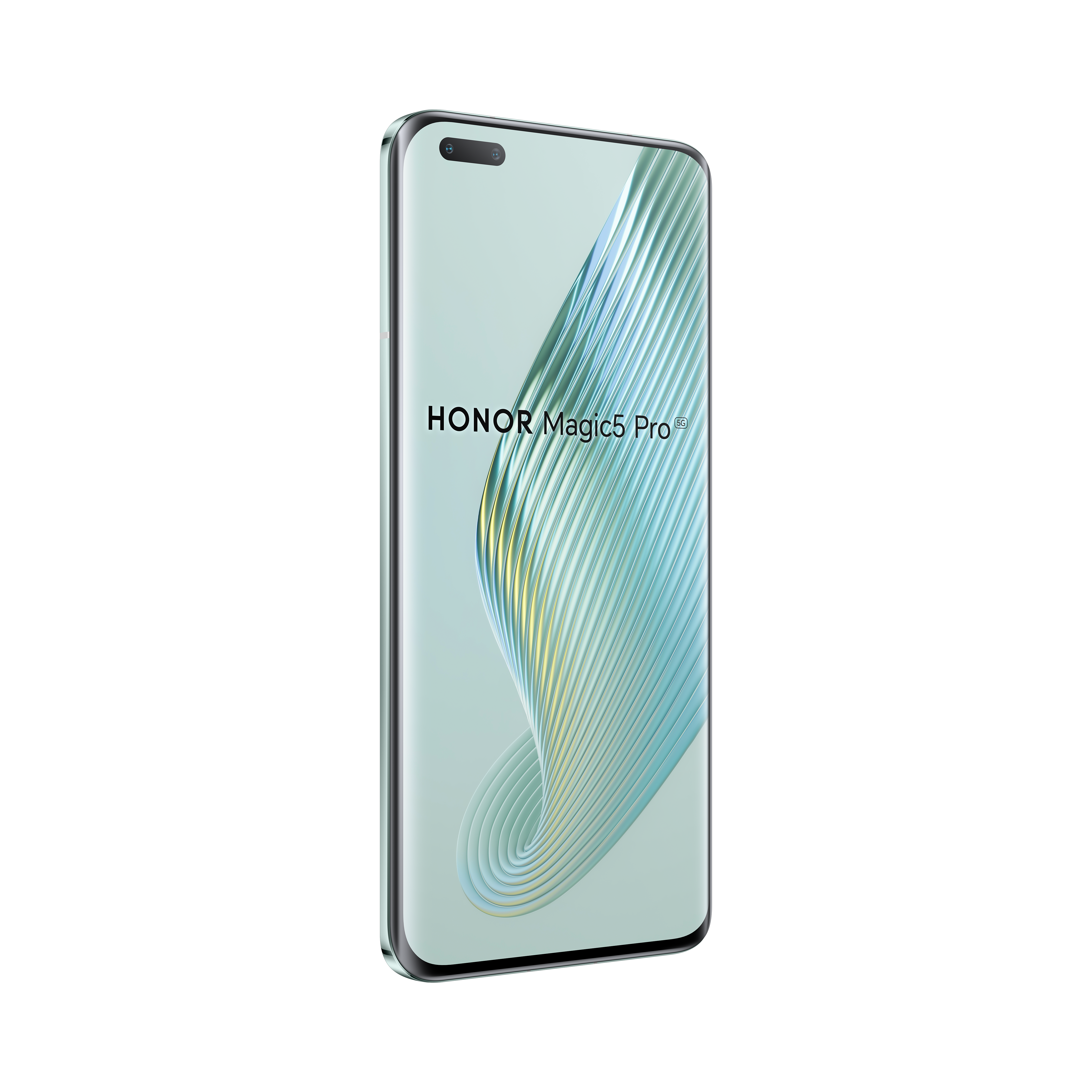 Teléfono Honor Magic5 Pro. Pantalla verde menta. Marco negro. Fondo negro. Teléfono en ángulo.