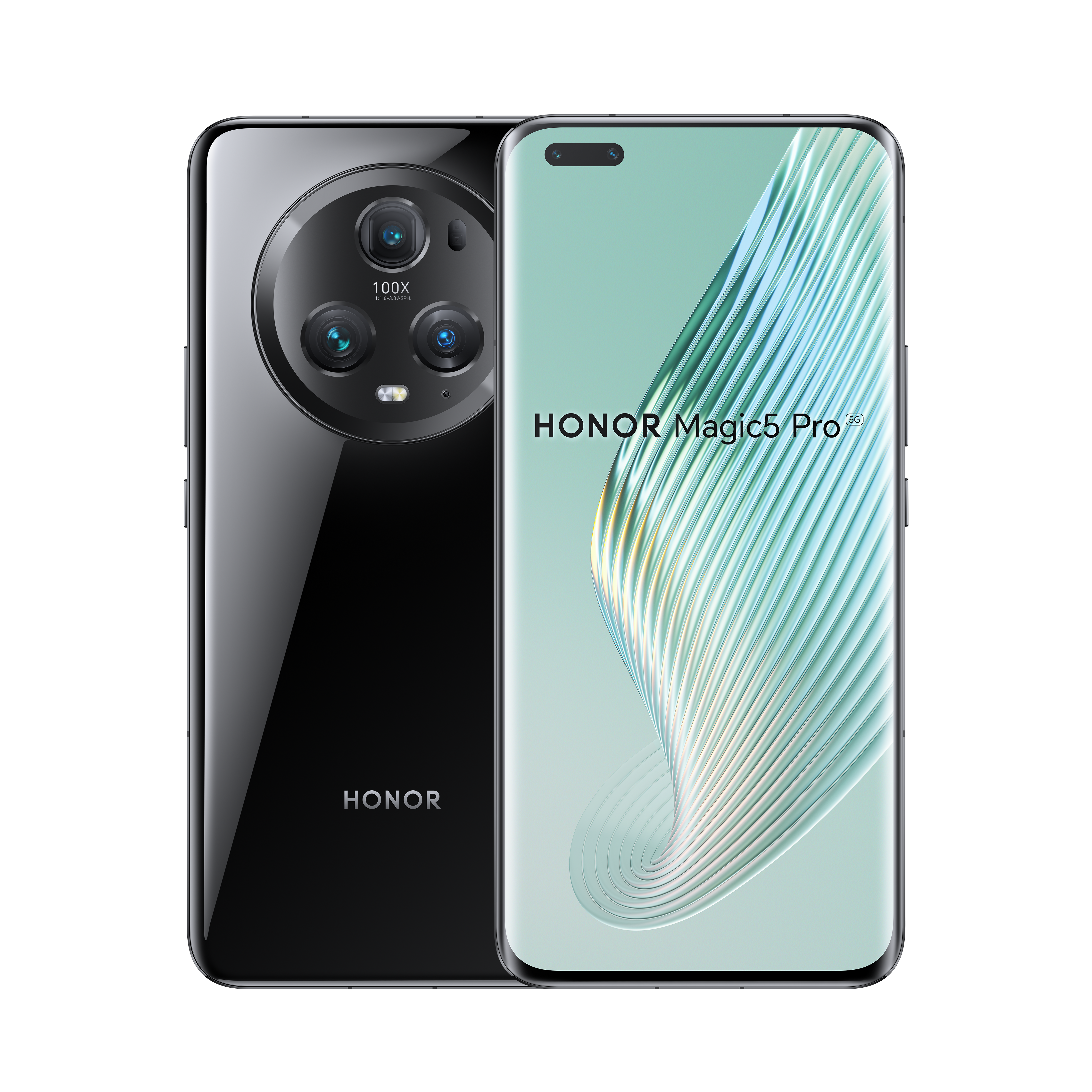 Teléfono HONOR Magic5 Pro negro, que muestra la parte delantera y trasera. La parte trasera presenta una gran matriz de cámara.