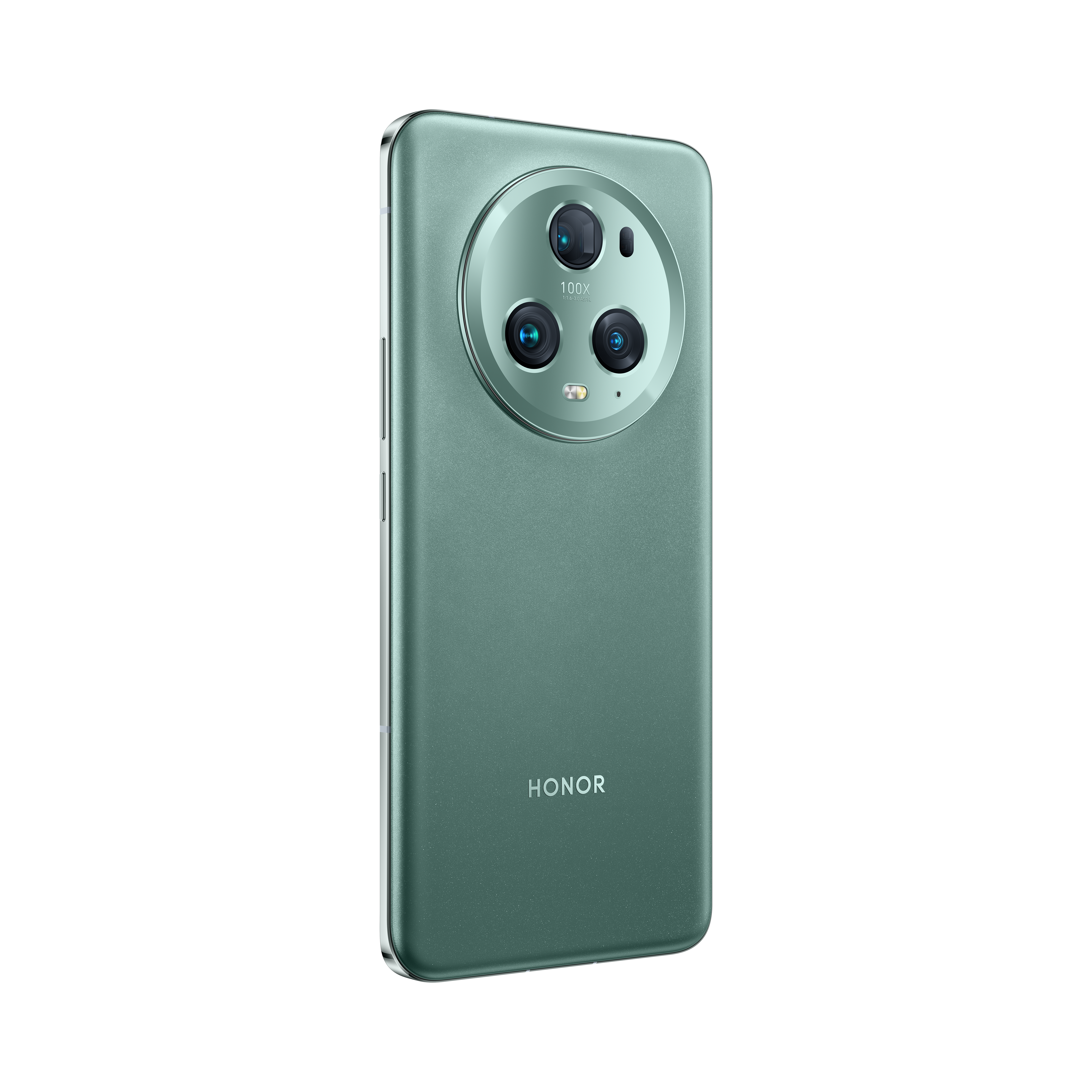 Parte trasera de teléfono verde con triple cámara y el logotipo de HONOR.