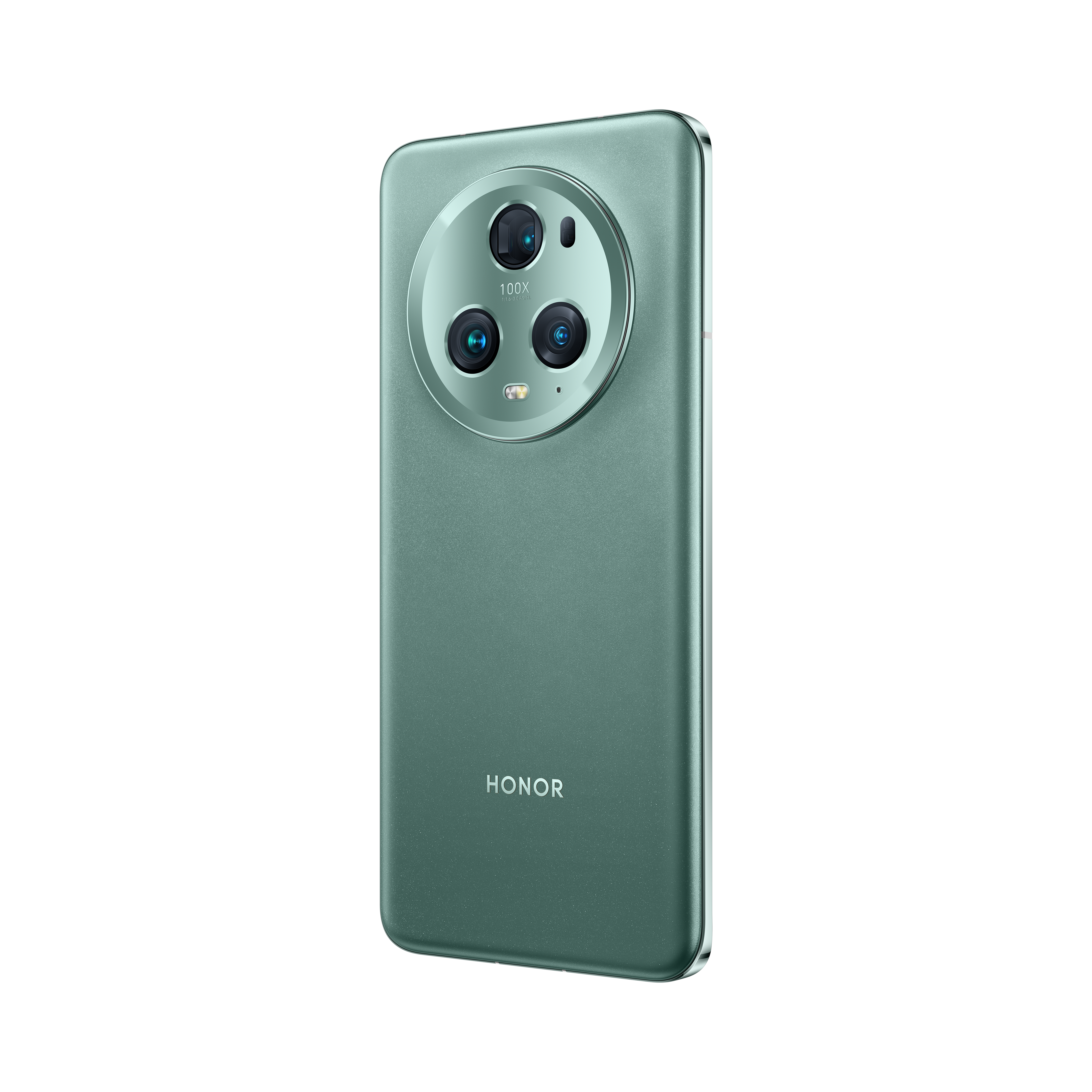 Un teléfono Honor verde con tres cámaras traseras. El fondo es negro.