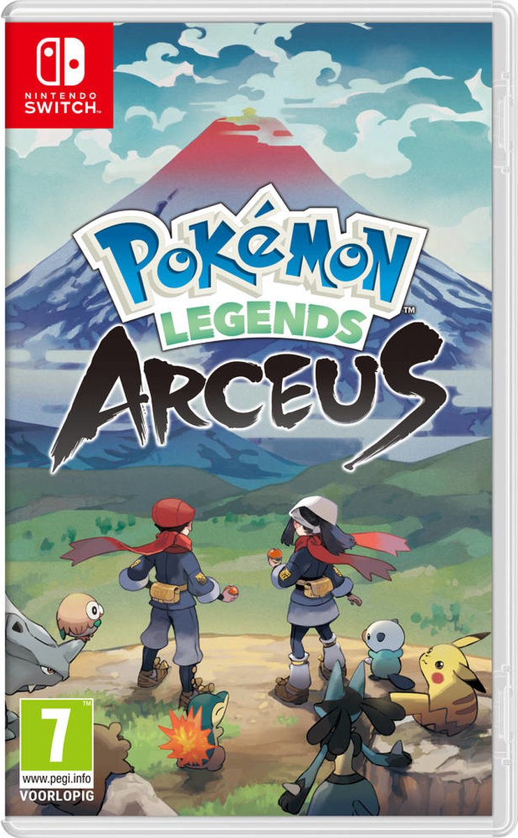 Pokémon Legends: Arceus spelhoes met personages en een berglandschap.