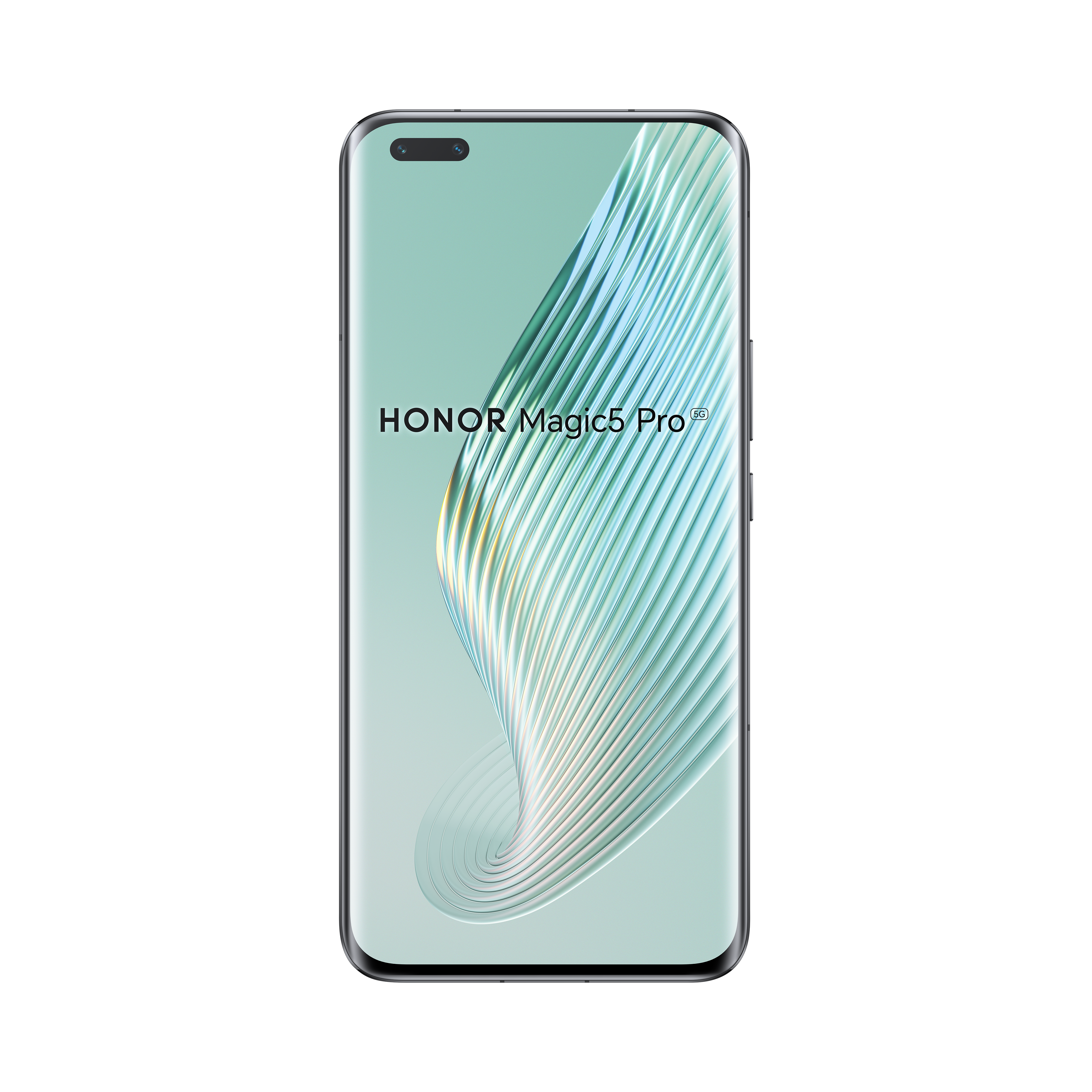 Un teléfono inteligente con pantalla verde claro. El teléfono es negro con 'HONOR Magic5 Pro'.