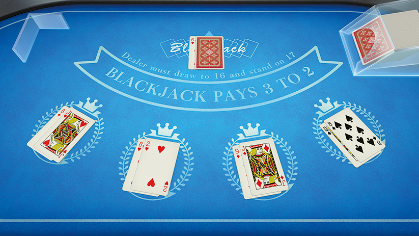 Blackjacktafel met kaarten. De dealer heeft een kaart en de speler heeft drie handen kaarten. De tafel is blauw.