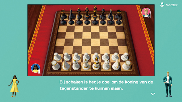 Schaakbord met stukken. Mensenfiguren aan de zijkanten. Tekst onderaan zegt dat het doel is om de koning te vangen.
