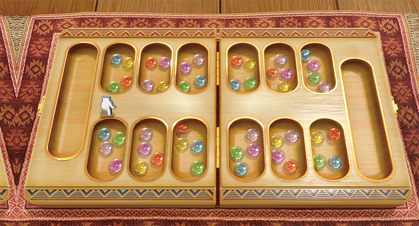 Een houten Mancala-bord met gekleurde glazen knikkers. Het bord staat op een patroonkleed. Een cursor zweeft over een sectie.