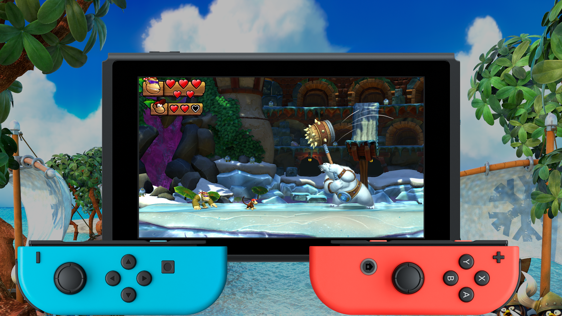 Nintendo Switch with game screen. Two joy-cons in blue and red are shown.