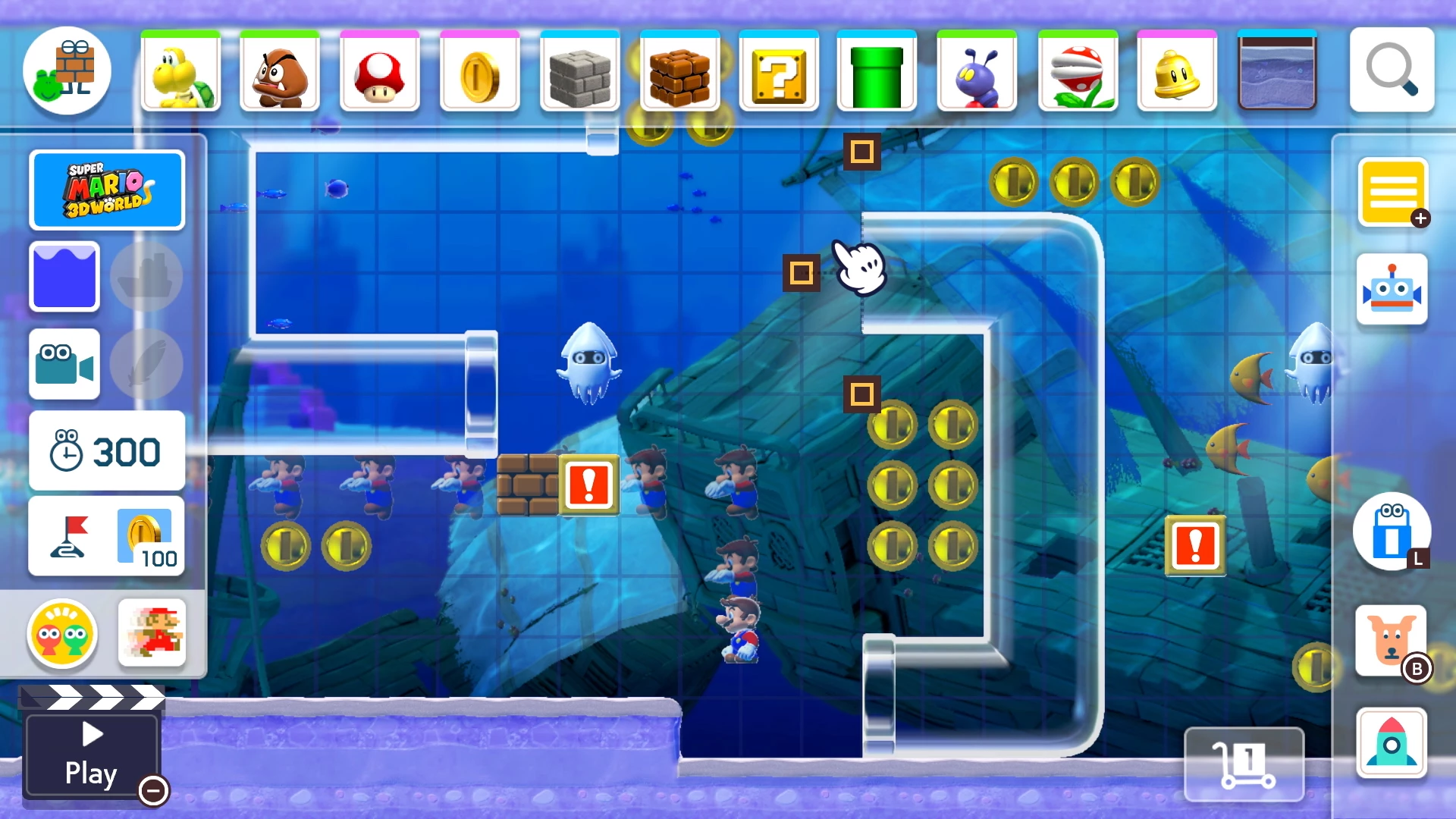 Super Mario 3D World levelontwerpinterface met gameplay-elementen.
