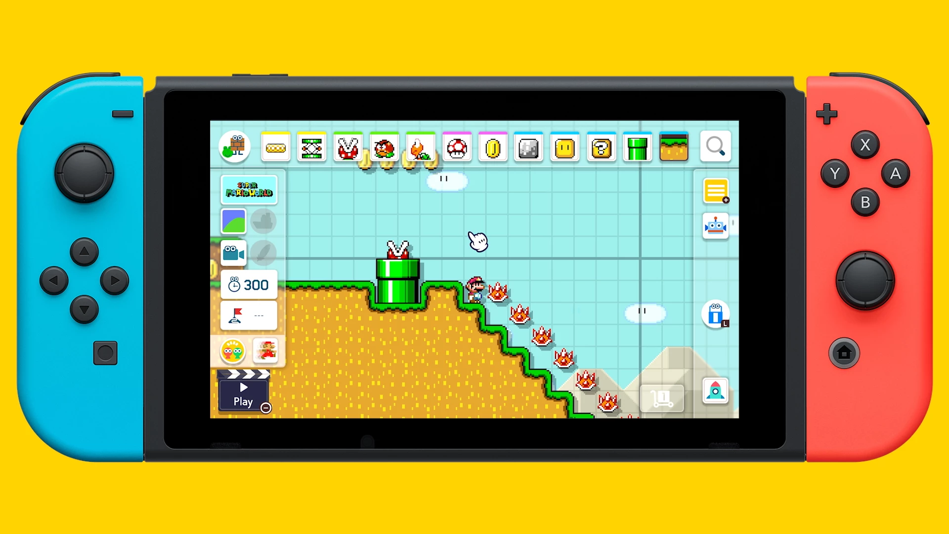 Nintendo Switch met een Super Mario Maker 2 level op het scherm, op een gele achtergrond.