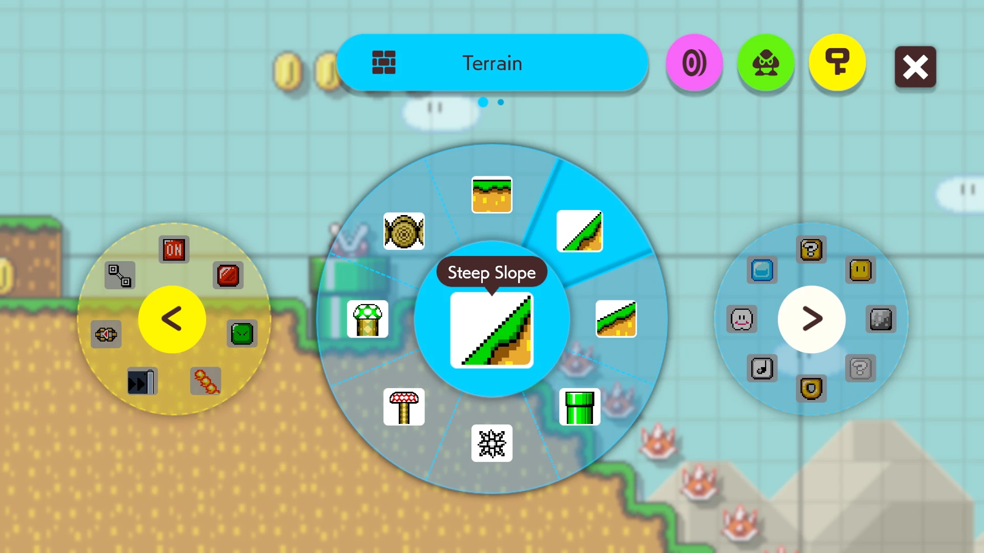 Een spelinterface met bouwstenen. Een selectiewiel met 'Steile helling' gemarkeerd.