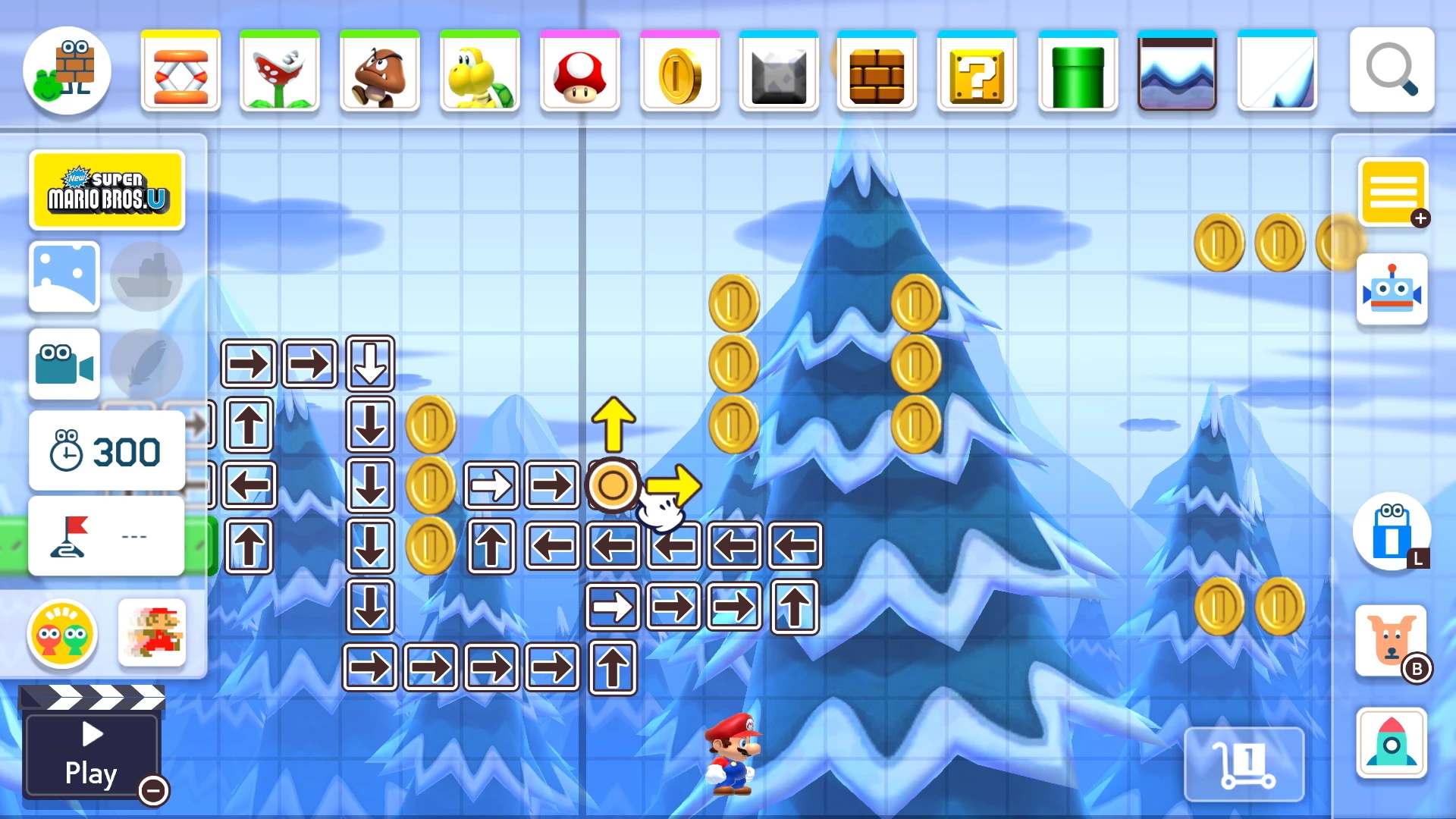 Een Super Mario Bros. U levelontwerpscherm, met blokken, munten en Mario.