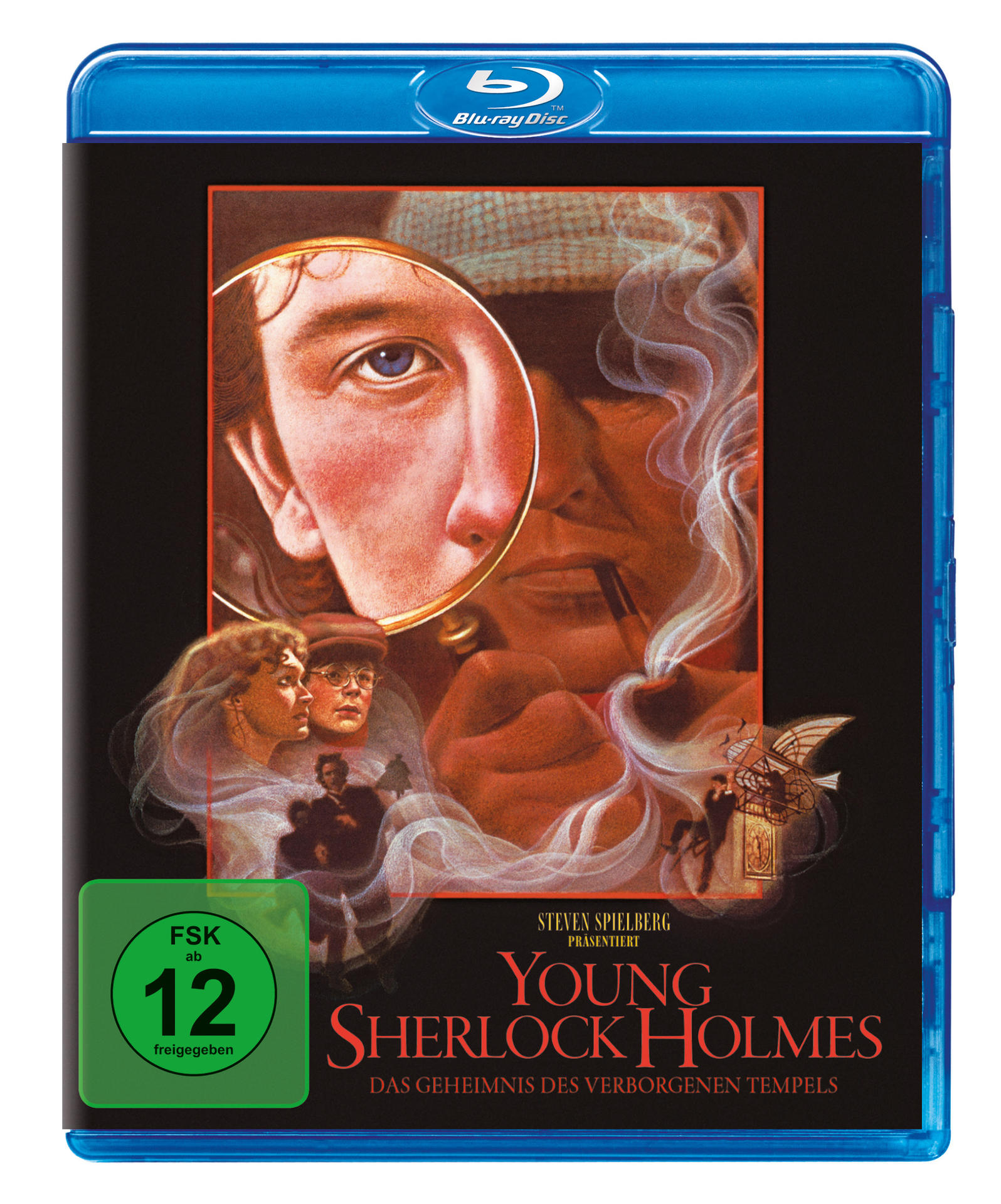 DVD-Cover von 'Young Sherlock Holmes'. Nahaufnahme eines Gesichts mit Lupe und Rauch.