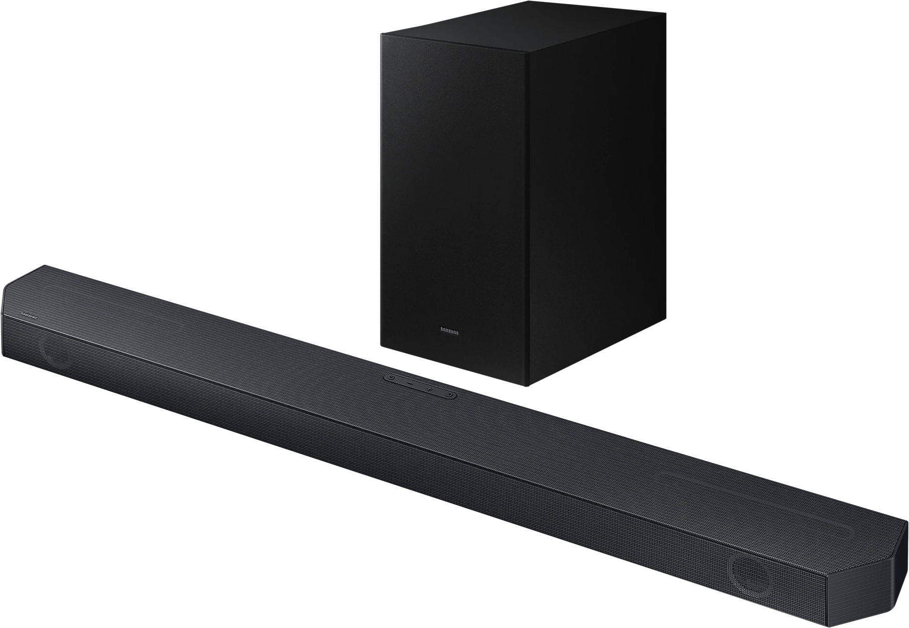 Fekete soundbar és mélynyomó fekete háttérrel. A soundbar az előtérben van.