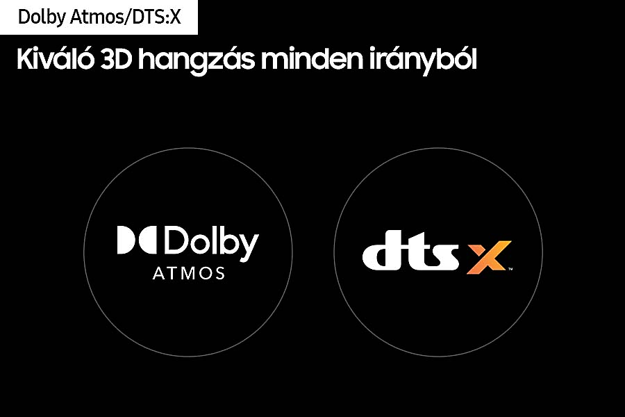 Dolby Atmos és DTS:X logók, felettük magyar nyelvű szöveggel. Fekete háttér.