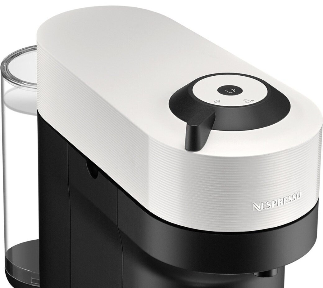 Czarno-biały ekspres do kawy Nespresso z pojemnikiem na wodę i interfejsem przycisków.