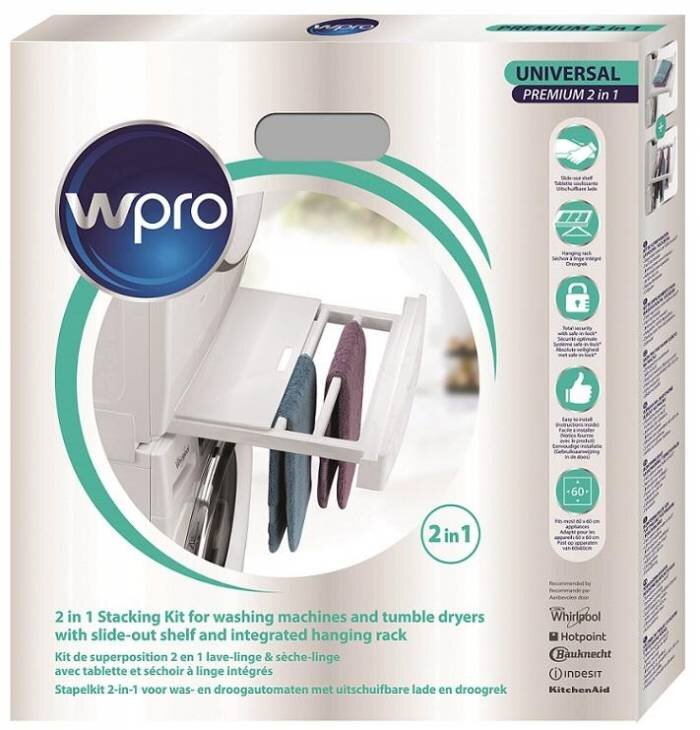 Biało-niebieski zestaw do układania pralki i suszarki z wysuwaną półką i wieszakiem.