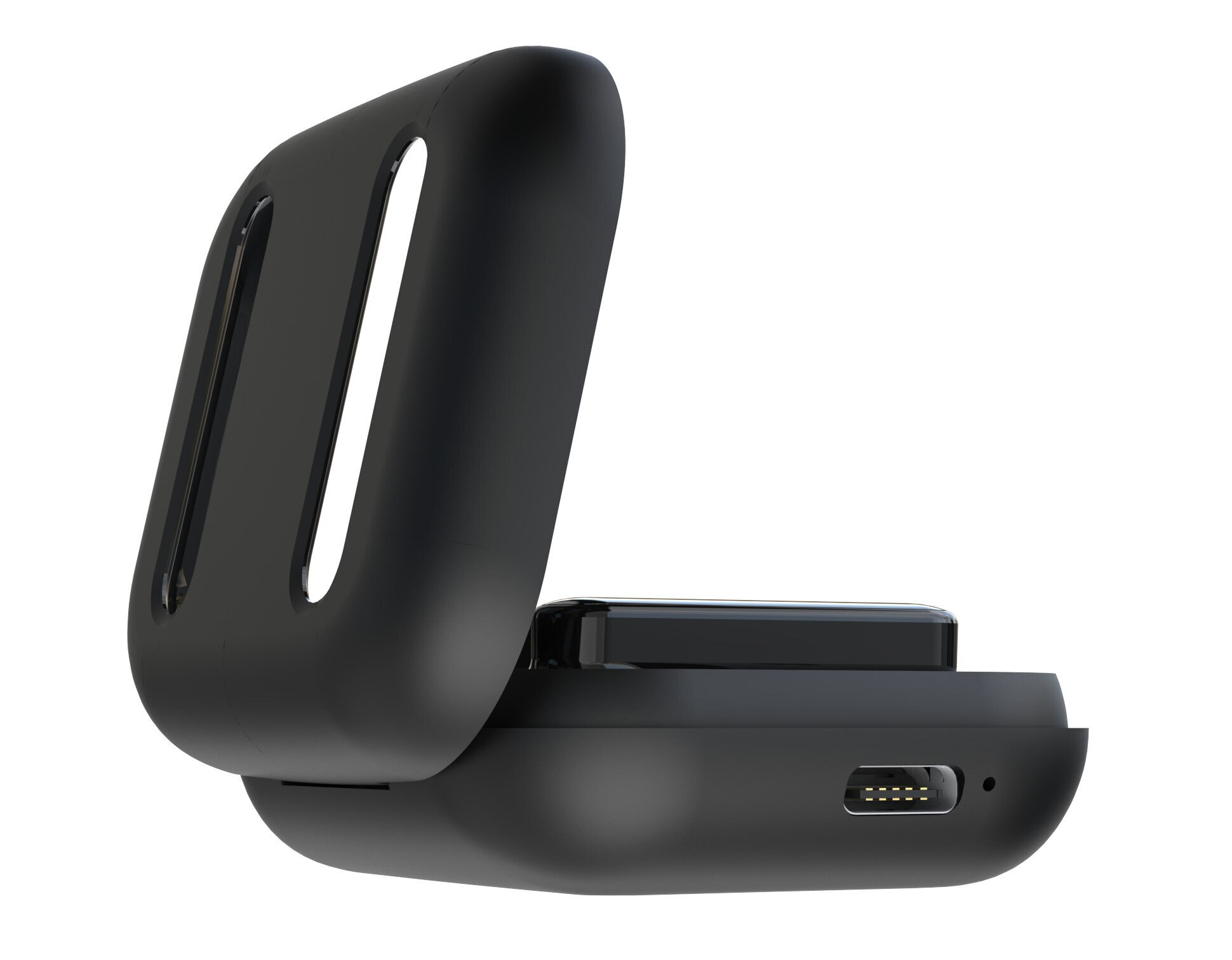 Czarny futerał na słuchawki bezprzewodowe otwarty. Słuchawki w środku. Widoczny port USB.