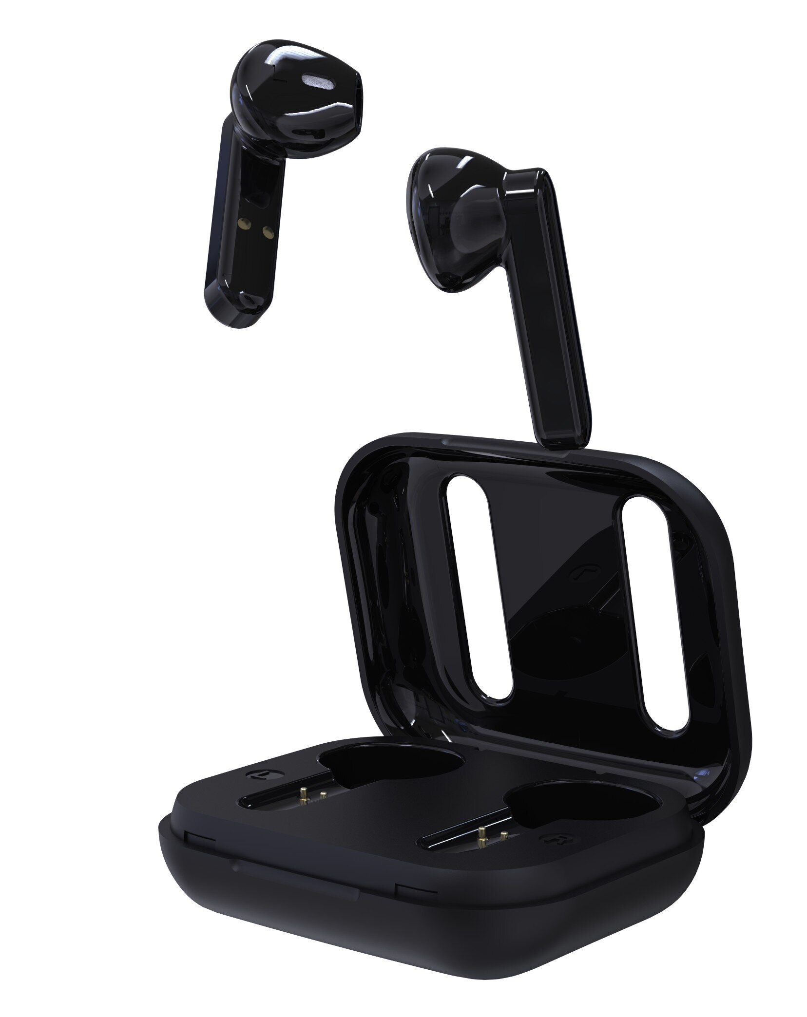 Czarne bezprzewodowe słuchawki w etui ładującym. Etui jest otwarte, widać słuchawki.