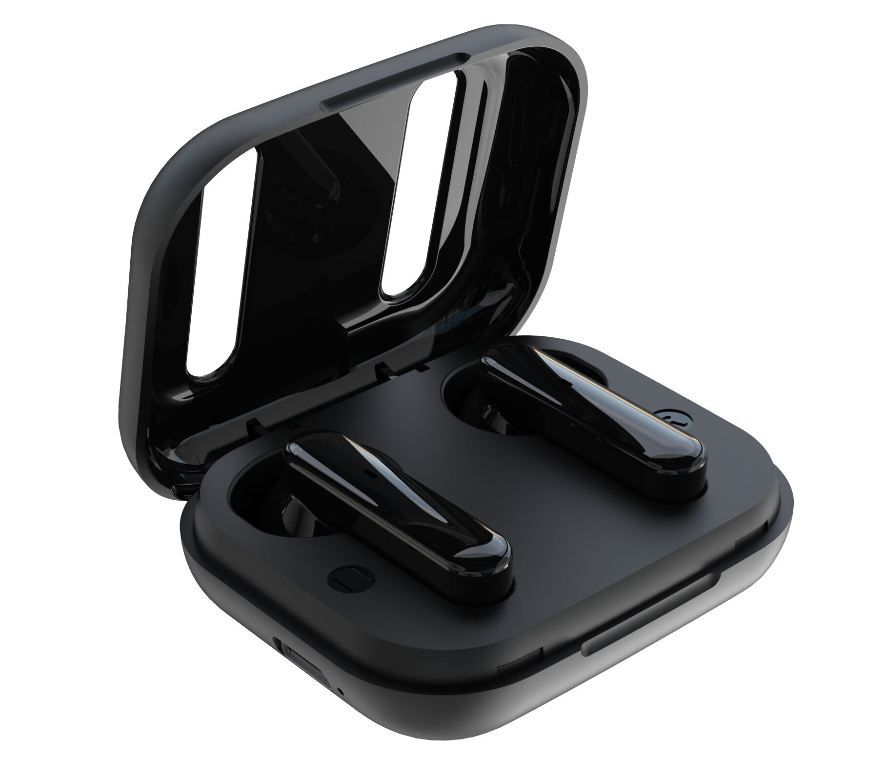 Dwa czarne bezprzewodowe słuchawki w otwartym czarnym etui ładującym.