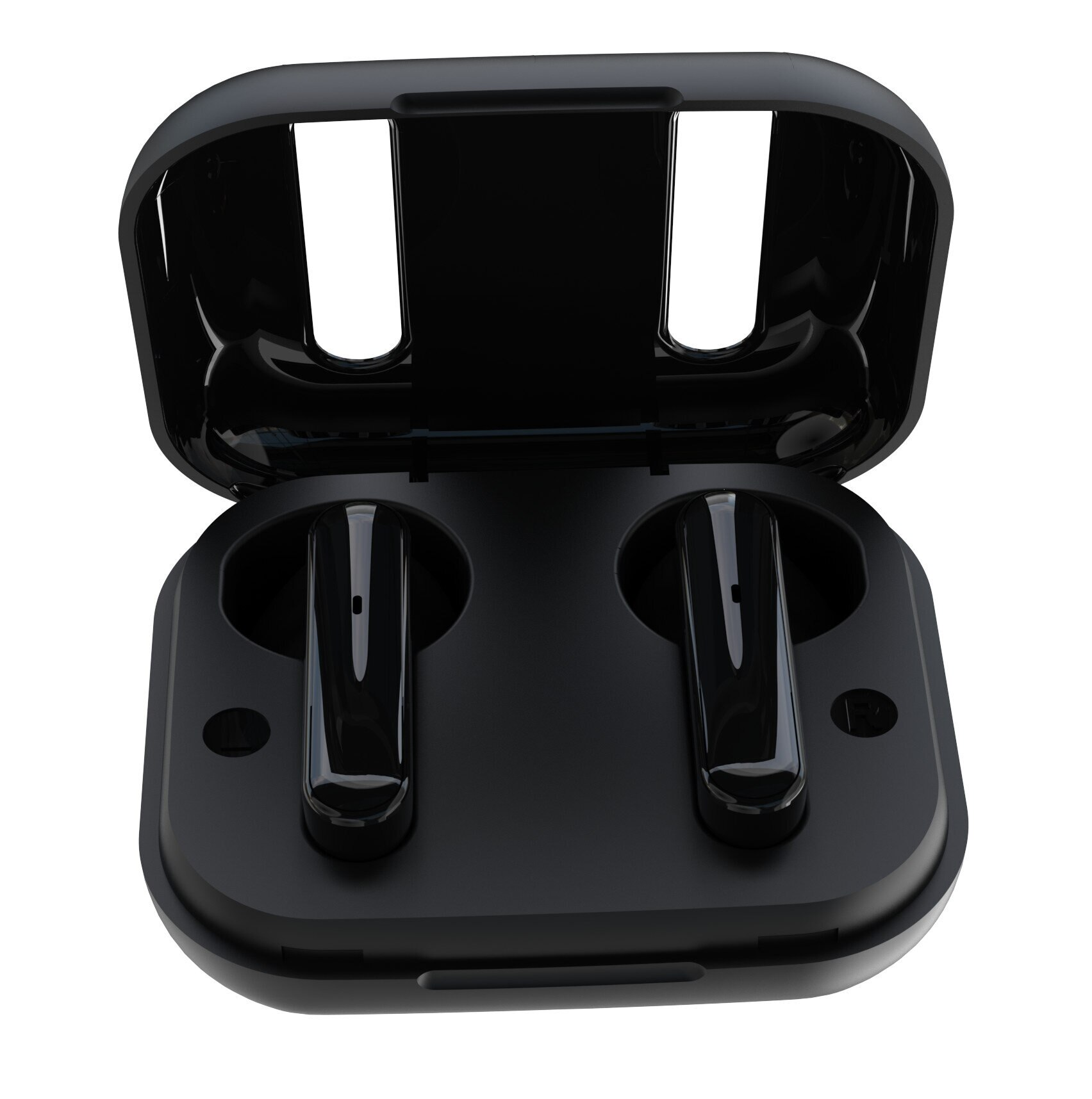 Czarne słuchawki w otwartym etui ładującym na białym tle.