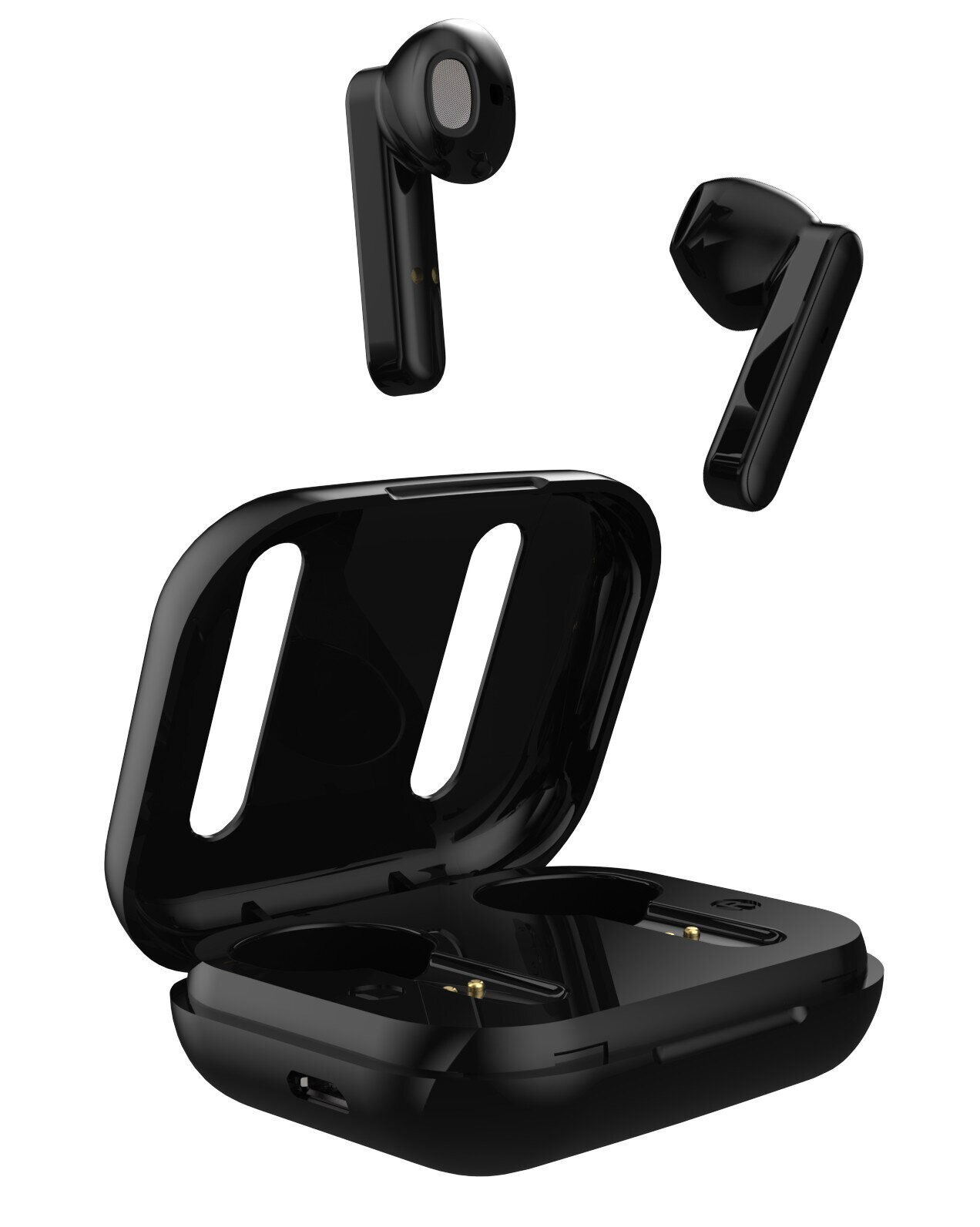 Czarne bezprzewodowe słuchawki i etui ładujące na białym tle.