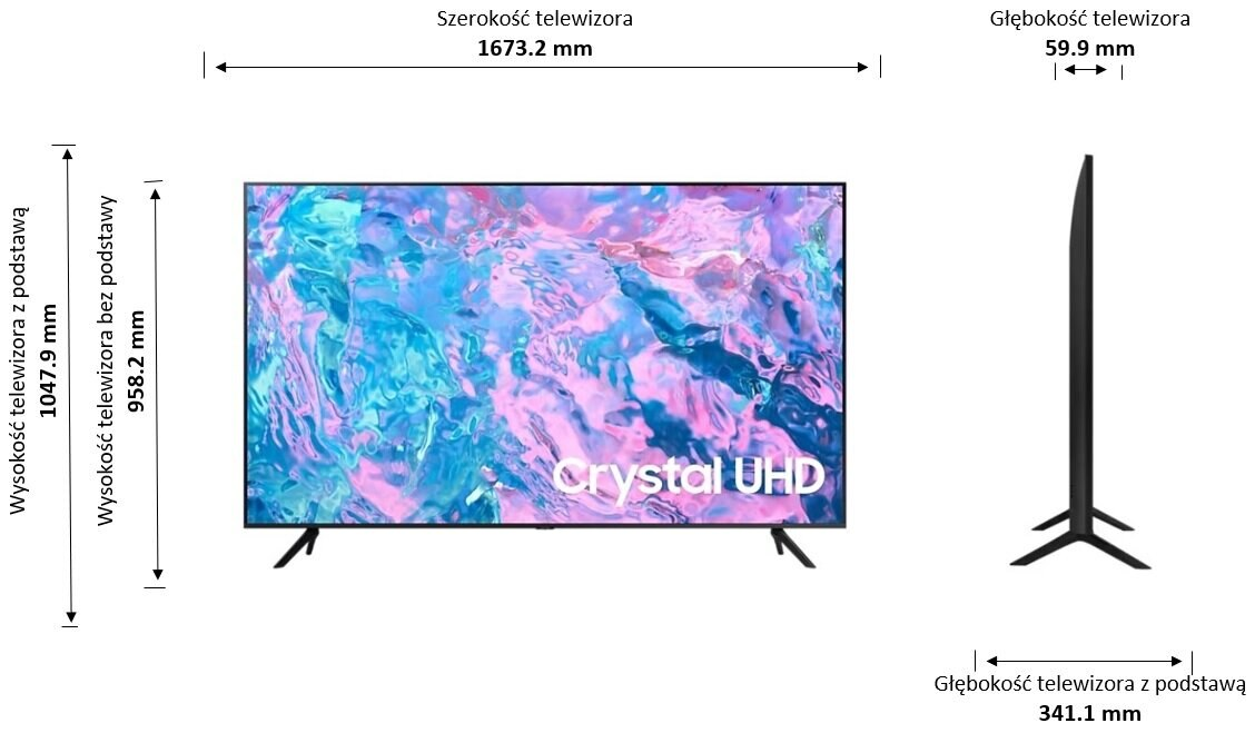 Ekran telewizora z wymiarami, pokazujący widok z boku i z przodu z pomiarami.