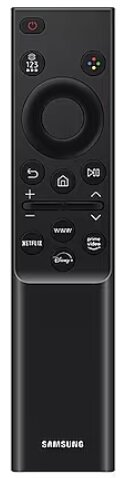 Czarny pilot do telewizora Samsung. Przyciski zasilania, kanałów, głośności i funkcji Smart Hub.