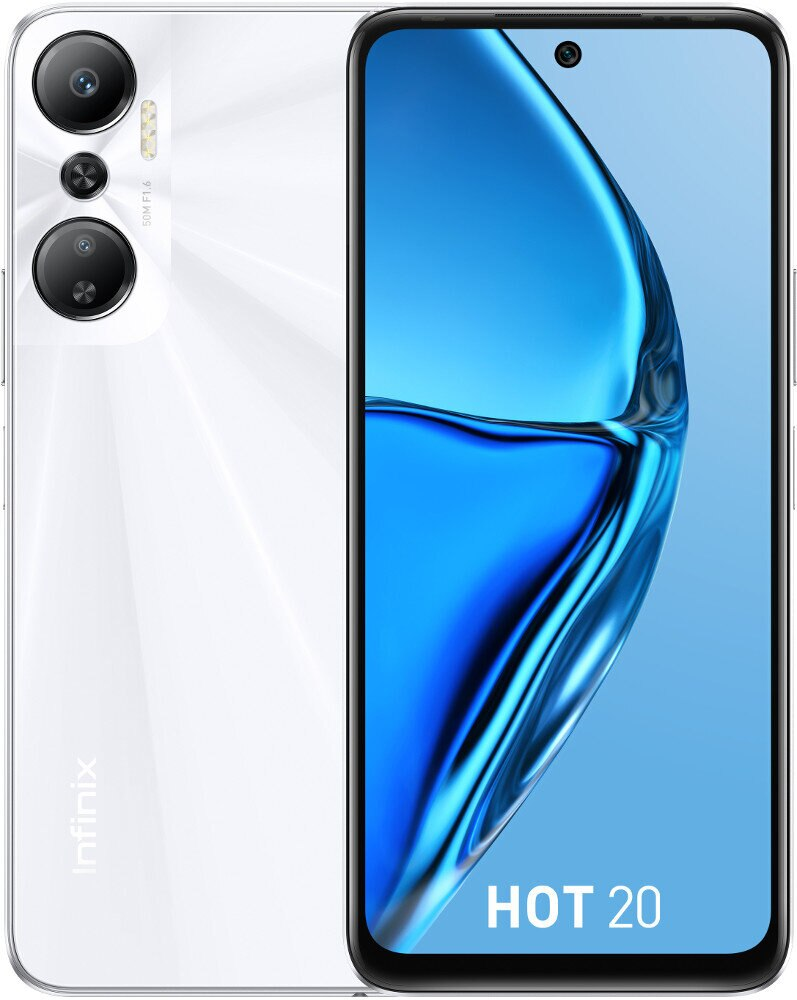 Biały smartfon z tapetą o tematyce wody. Tył posiada potrójny aparat i logo Infinix.