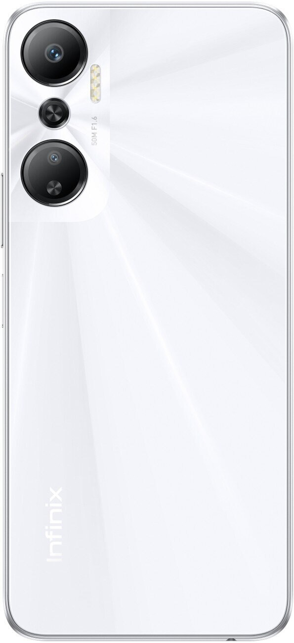 Biały telefon z wieloma tylnymi kamerami i logo Infinix na dole tylnej części.