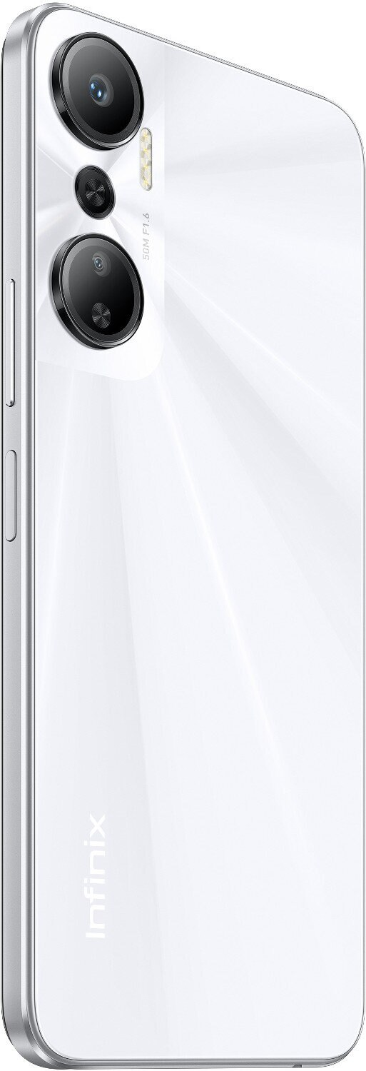 Biały smartfon na białym tle, pod kątem, aby pokazać tył. Widoczne obiektywy aparatu.